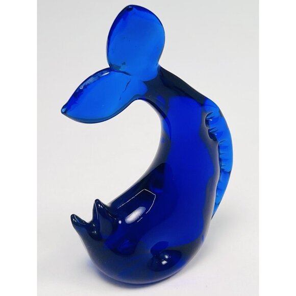 VTG 4.5" Cobalt Blue Handblown Art Glass WHALE Dolphin Fish PAPERWEIGHT Beach - Picture 2 of 5